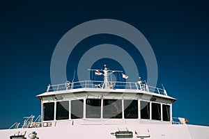 PLOCE, CROATIA - August 30, 2017: Passenger and car ferry crosses Peljesac channel in Croatia on sunny summer day. Interior and