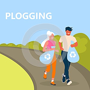 Plogging concept. Men and women jogging and collecting garbage. Couple of eco-volunteers clean the polluted environment