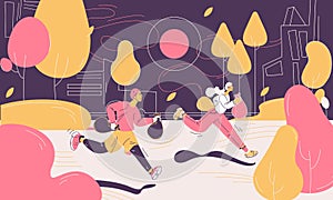 Plogging concept scene with two people jogging with trash. Outline outdoor park in yellow and pink