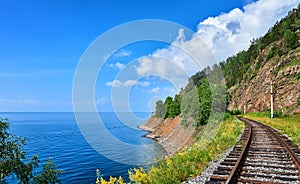 Plot Circum-Baikal railway near steep bank of Lake Baikal