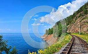 Plot Circum-Baikal railway near steep bank of Lake Baikal photo