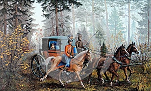 The plot of fairy tales. Stroller with a girl on a forest road guarded by a dragoon. Harness with two horses and a rider riding a
