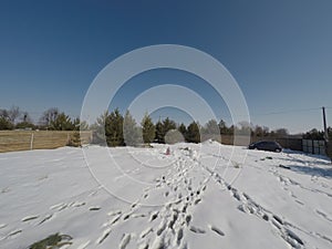 Plot of land in winter. Construction of a private house. Fence on the land in winter