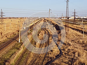 Plot railway. Top view on the rails. High-voltage lines for electric trains photo