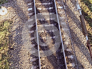 Plot railway. Top view on the rails. High-voltage lines for electric trains photo
