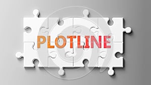 Plotline complex like a puzzle - pictured as word Plotline on a puzzle pieces to show that Plotline can be difficult and needs