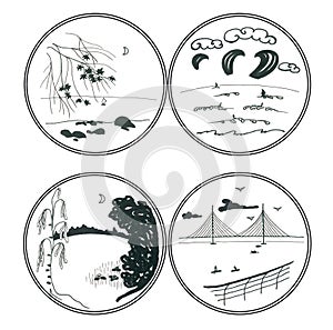 Set of stylized graphic summer romantic landscapes in circle frames photo