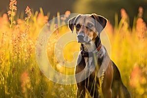 Plott hound dog sitting in meadow field surrounded by vibrant wildflowers and grass on sunny day ai generated