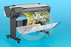 Plotter, large format inkjet printer on blue background, 3D rendering