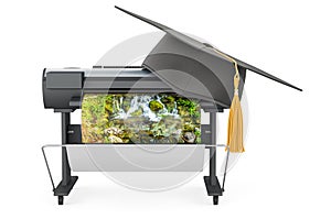 Plotter, large format inkjet printer with education hat. 3D rendering