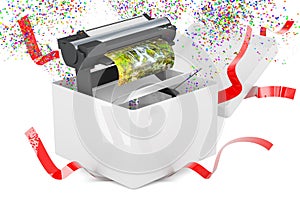 Plotter, large format inkjet printer inside gift box, 3D rendering