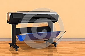 Plotter, large format inkjet printer in room near wall, 3D rendering