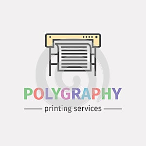 Plotter with roll of paper. Logo design for the printing industry. Vector line icon.