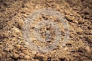 Ploughed field, soil close up, agricultural background