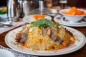 plov national uzbekistan food on the table of restaraunt