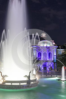 Night Photo of Fountains in front of Town Hall in City of Plovdiv