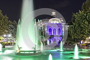 Night Photo of Fountains in front of Town Hall in City of Plovdiv