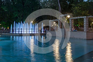 Night panorama of Singing Fountains in City of Plovdiv, Bulgaria