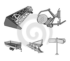 Plow, combine thresher, trailer and other agricultural devices. Agricultural machinery set collection icons in