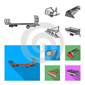Plow, combine thresher, trailer and other agricultural devices. Agricultural machinery set collection icons in