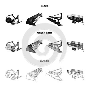 Plow, combine thresher, trailer and other agricultural devices. Agricultural machinery set collection icons in black