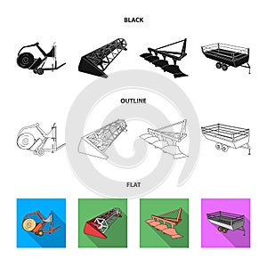Plow, combine thresher, trailer and other agricultural devices. Agricultural machinery set collection icons in black