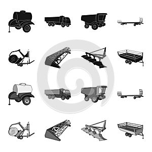 Plow, combine thresher, trailer and other agricultural devices. Agricultural machinery set collection icons in black