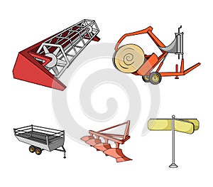 Plow, combine thresher, trailer and other agricultural devices. Agricultural machinery set collection icons in cartoon