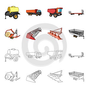 Plow, combine thresher, trailer and other agricultural devices. Agricultural machinery set collection icons in cartoon