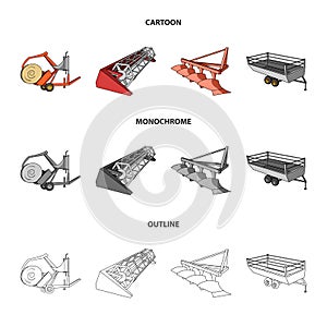 Plow, combine thresher, trailer and other agricultural devices. Agricultural machinery set collection icons in cartoon