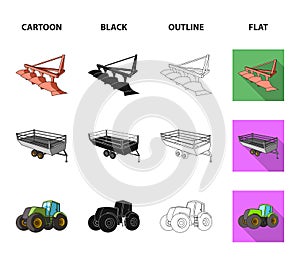 Plow, combine thresher, trailer and other agricultural devices. Agricultural machinery set collection icons in cartoon