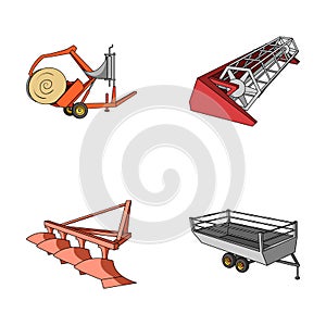 Plow, combine thresher, trailer and other agricultural devices. Agricultural machinery set collection icons in cartoon