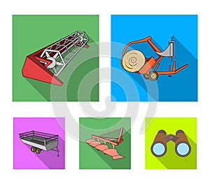 Plow, combine thresher, trailer and other agricultural devices. Agricultural machinery set collection icons in flat