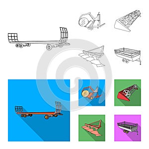 Plow, combine thresher, trailer and other agricultural devices. Agricultural machinery set collection icons in outline