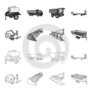 Plow, combine thresher, trailer and other agricultural devices. Agricultural machinery set collection icons in outline