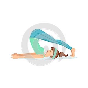 Plow Halasana Yoga Pose Demonstrated By The Girl Cartoon Yogi With Ponytail In Blue Sportive Clothing Vector