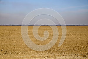 Plowed agricultural land ready for sowing, blue sky above