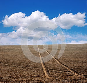 plowed field with cloudly sky, farmland in spring