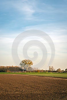 Plowed field with a farm in the background