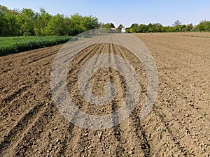 Plowed field with fertile land. Cornfield with wheat. Agricultural work on the ground. Rural landscape. Serbia, the Balkans