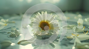 plucked chamomile flower with torn off petals lie nearby on a watery light surface, poster, banner