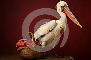 Plucky Pelican with Fishmonger\'s Basket Portrait. Generative AI illustration