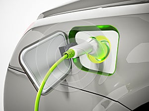 Plug-in hybrid or electric car being recharged. 3D illustration