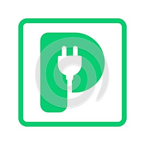 Plug in letter P icon, Green electric vehicle parking sign, Electric car charging point, Parking space for Eco friendly hybrid car