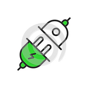 Plug male female, in line design, green. Plug, Male, Female, Connector, Socket, Adapter on white background vector. Plug