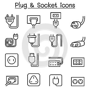 Plug & Socket icon set in thin line style