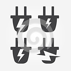 Plug into socket with lightning, energy logo element, abstract stylized silhouette vector icon set. Electrical wiring