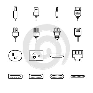 Plug and socket line icon set. Included the icons as electrical plug, usb, socket, audio jack, receptacle and more.