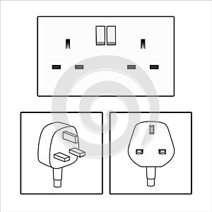 Plug and UK socket. Three 3 pin plug icon set. British socket. Electric power. vector graphic illustrated. Three pin socket sheme