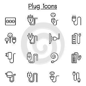 Plug, usb, cable, socket icon set in thin line style